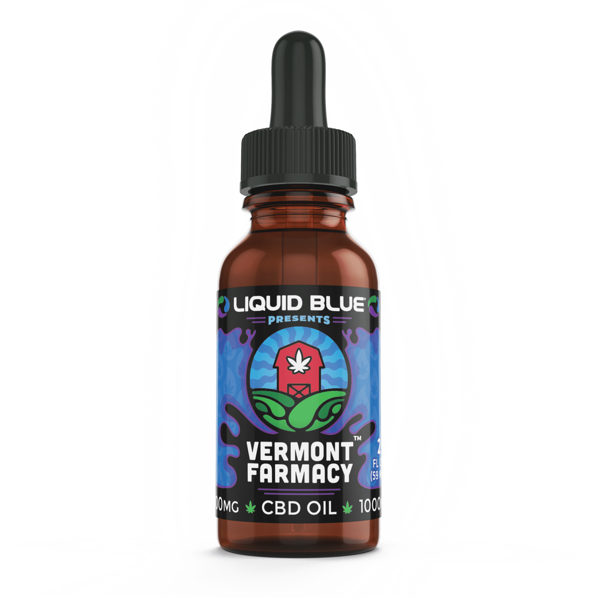 A collaborative hemp product with 1000 milligrams of CBD. 2 ounce amber glass bottle with dropper and psychedelic labelProduced by Vermont Farmacy for Liquid Blue T shirts. Made with Organic hemp oil, farm grown CBD and terpenes